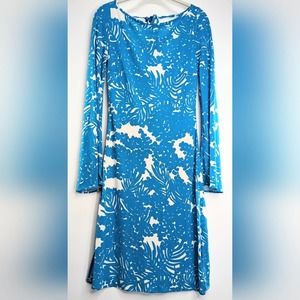 Milly Aqua White Palm print Deep Scoop Back Dress | 240511